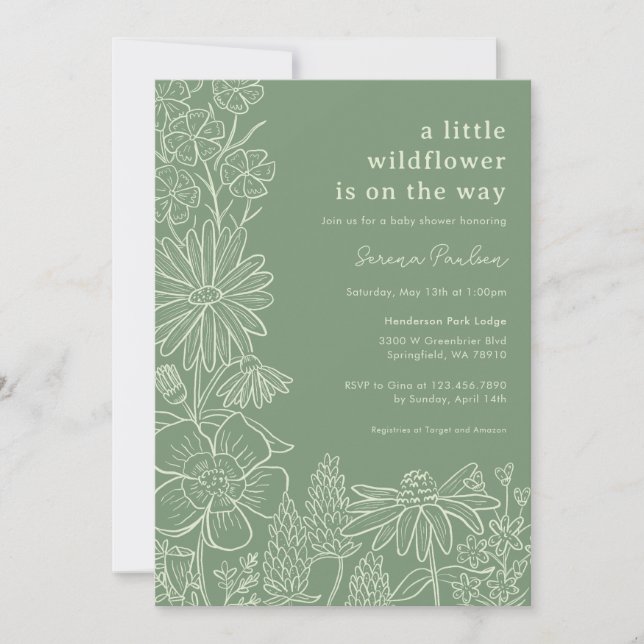 Invitation Boho Sage Green Fleur sauvage Baby shower Invitati (Devant)