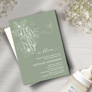 Invitation Boho Sage Green Floral Butterflies Baby in Bloom
