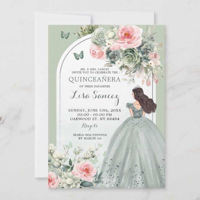 Invitation Boho Sage Green Rose Floral Princess Quinceañera (Devant)