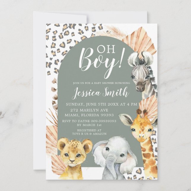 Invitation Boho Sage Green Safari Oh Baby shower garçon (Devant)