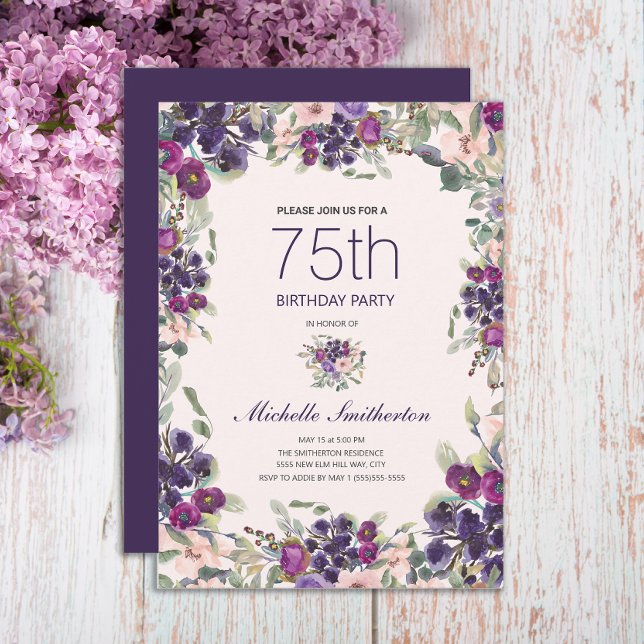 Invitation Boho Sage Vert Feuilles rose violet rose floral 75 (Elegant purple and pink watercolor floral 75th birthday party invitation)