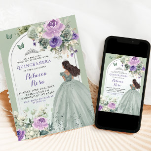 Invitation Boho Sage Vert Lavande Floral Quinceañera