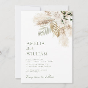 Invitation boho sauge vert et pampas herbe mariage