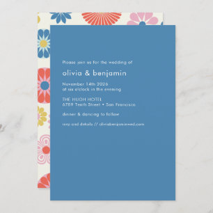 Invitation Boho scandinave Fleur folk Bleu Mariage simple