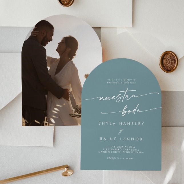 Invitation Boho Seafoam Turquoise Photo Arch Mariage espagnol (Créateur téléchargé)