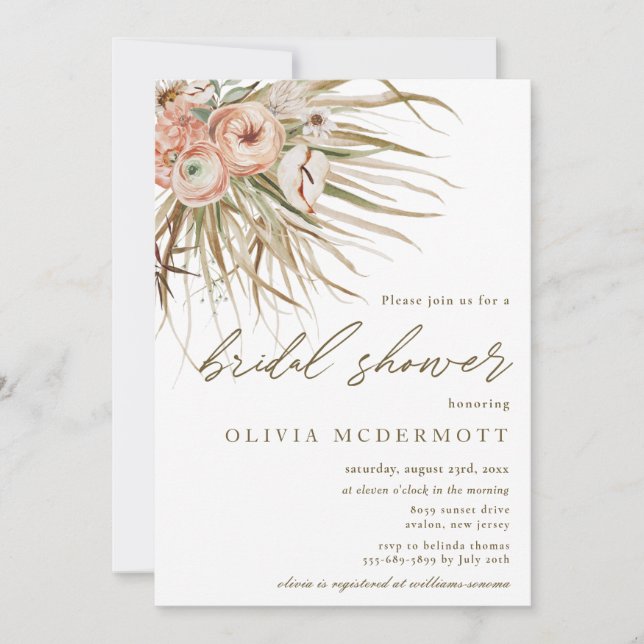 Invitation Boho séché Palm Feuille Grass Floral Fête des mari (Devant)