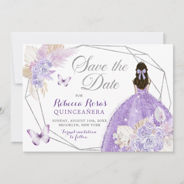 Invitation Boho Silver Lilac Floral Quinceañera Enregistrer L (Devant)