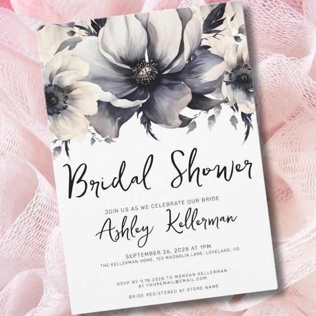 Invitation Boho Simple Moderne Fête de Mariage Florale (Boho Elegant Floral Black White Bridal Shower Invitation)