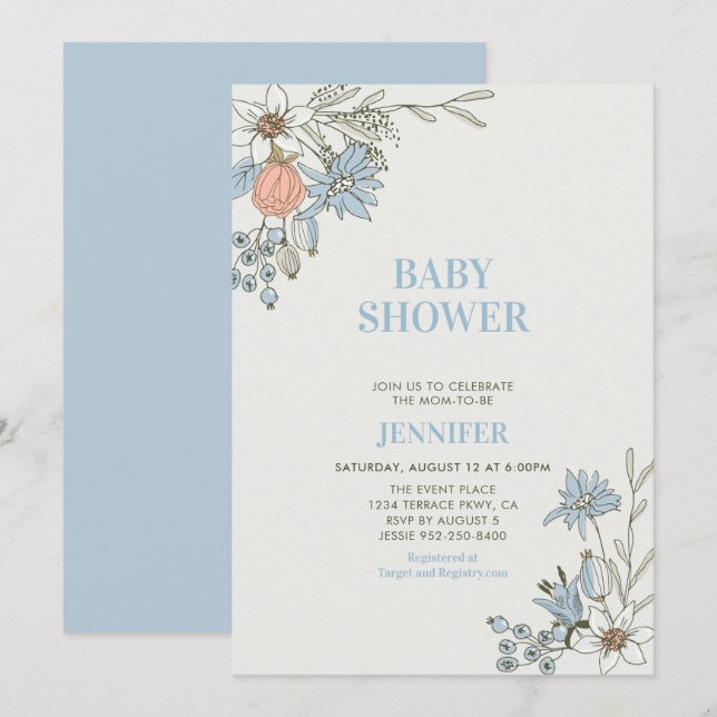 Invitation Boho Spring Blue Floral Baby shower (Devant / Derrière)