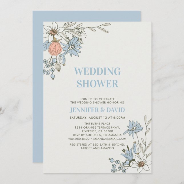 Invitation Boho Spring Blue Floral Couples Wedding shower Inv (Devant / Derrière)