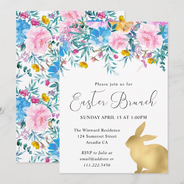 Invitation Boho Spring Flowers and Gold Bunnies Brunch de Pâq (Devant / Derrière)