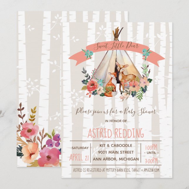 Invitation Boho Spring Little Deer Woodland Baby shower (Devant / Derrière)
