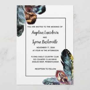 Invitation Boho Style aquarelle plumes mariage personnalisé