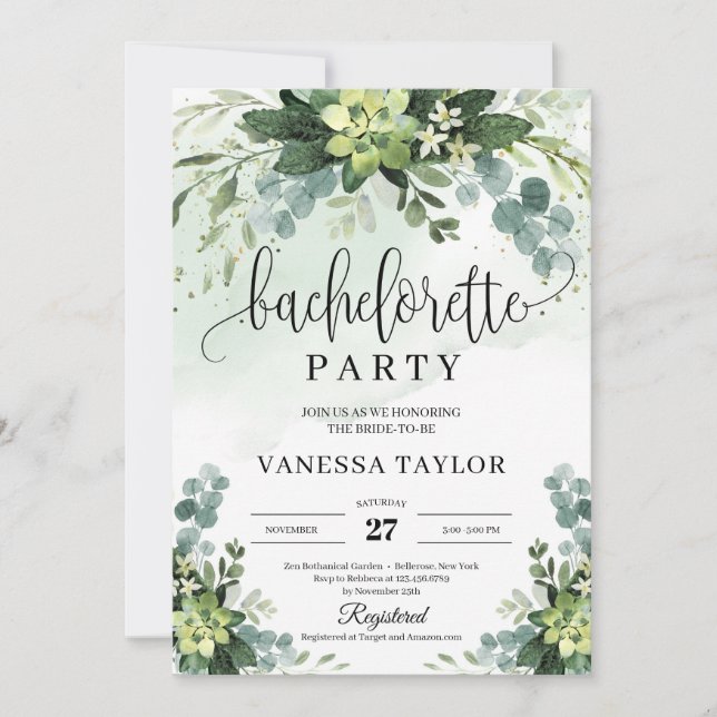 Invitation Boho succulent eucalyptus bachelorette (Devant)