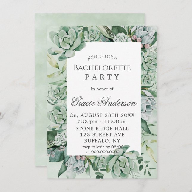 Invitation Boho Succulent verdure Bachelorette Party (Devant / Derrière)