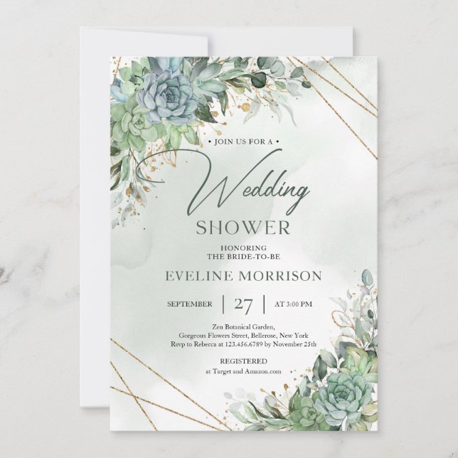 Invitation Boho succulent vert eucalyptus wedding shower (Devant)
