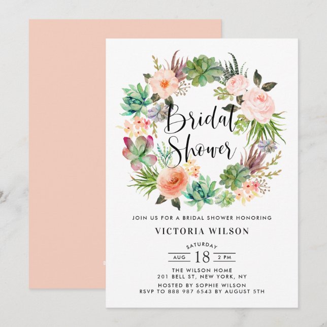 Invitation Boho Succulents Fête des mariées de couronne de fl (Devant / Derrière)