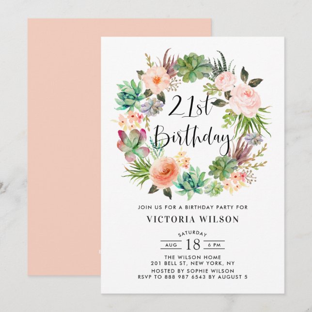 Invitation Boho Succulents Floral Wreath 21e fête d'anniversa (Devant / Derrière)