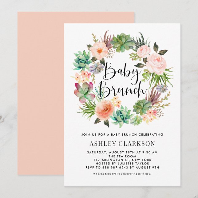 Invitation Boho Succulents Floral Wreath Baby Brunch (Devant / Derrière)