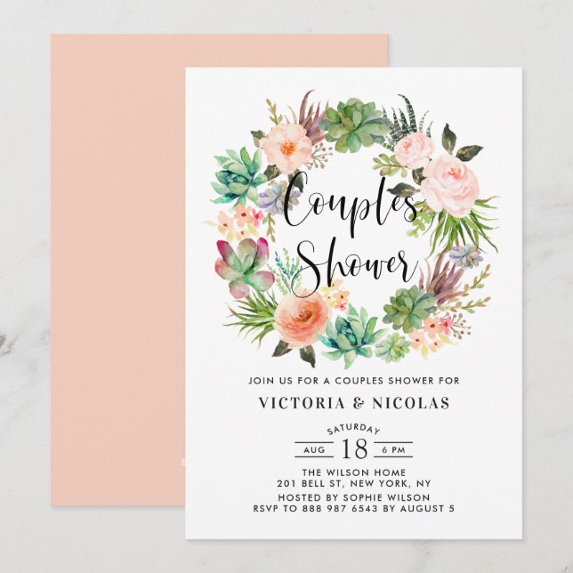 Invitation Boho Succulents Floral Wreath Couples Douche (Devant / Derrière)