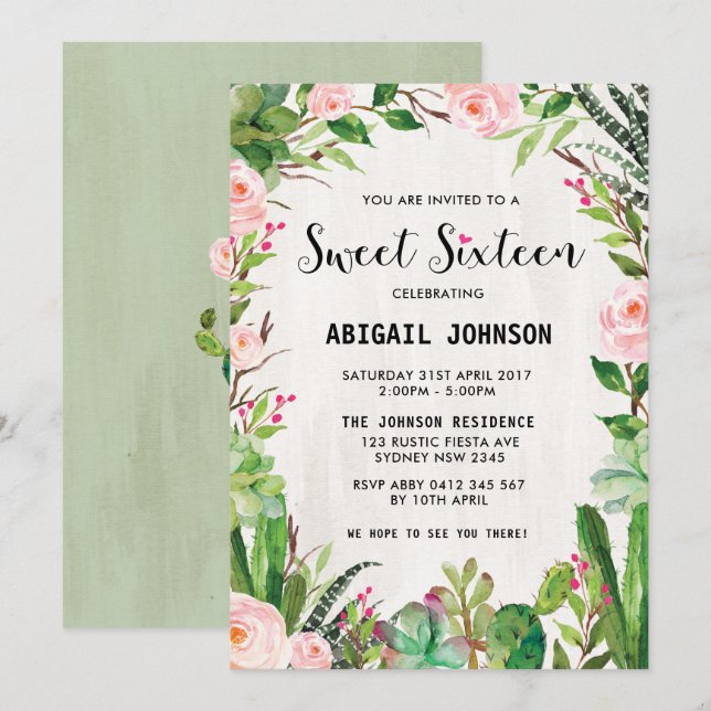 Invitation Boho Succulents Sweet sixteen rose Floral Invitati (Devant / Derrière)