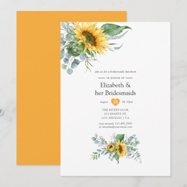 Invitation Boho Sunflower Eucalyptus Bridesservantes Déjeuner (Devant / Derrière)
