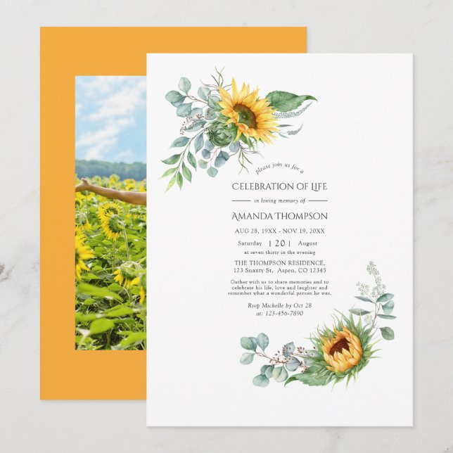Invitation Boho Sunflower Eucalyptus Célébration de la vie In (Devant / Derrière)
