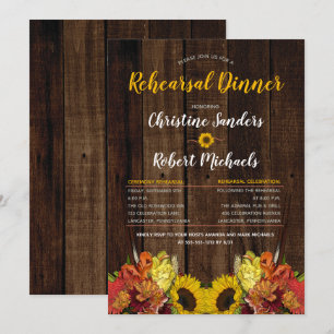 Invitation Boho Sunflower Floral   Dîner de répétition en boi