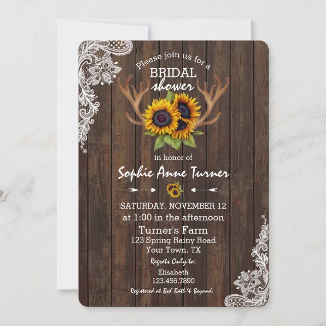 Invitation Boho Sunflowers Antlers Fête des mariées dentelle  (Devant)