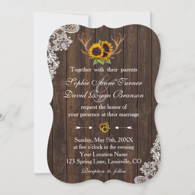 Invitation Boho Sunflowers Antlers Mariage en dentelle de boi (Devant)