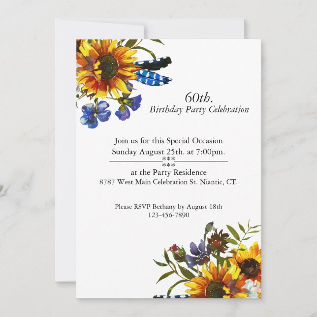 Invitation Boho Sunflowers, Plumes, Personnalisable, Annivers (Devant)