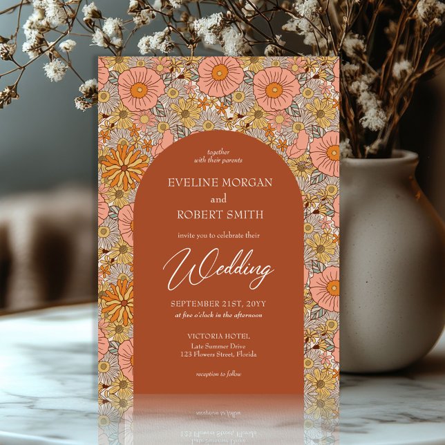 Invitation Boho super terre cuite et fleurs roses mariage (trendy retro groovy flowers terracotta copper and pink wedding invitation)