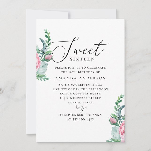 Invitation Boho Sweet 16. Jardin rose fleuri 16e anniversaire (Devant)