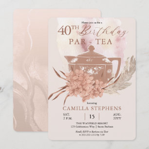Invitation Boho Teapot Hydrangeas Pampas 40e fête d'anniversa