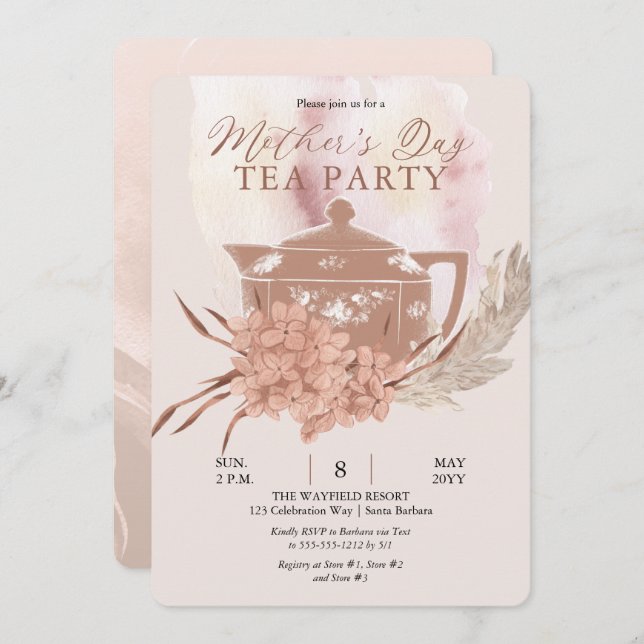 Invitation Boho Teapot Hydrangeas Pampas Tea Inv Fête des Mèr (Devant / Derrière)