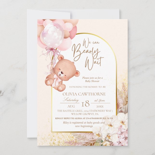 Invitation Boho Teddy Bear Baby shower moderne et fleuri (Devant)