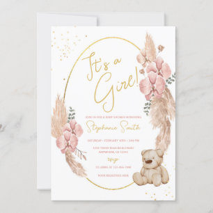 Invitation Boho Teddy Bear Baby shower rose et or