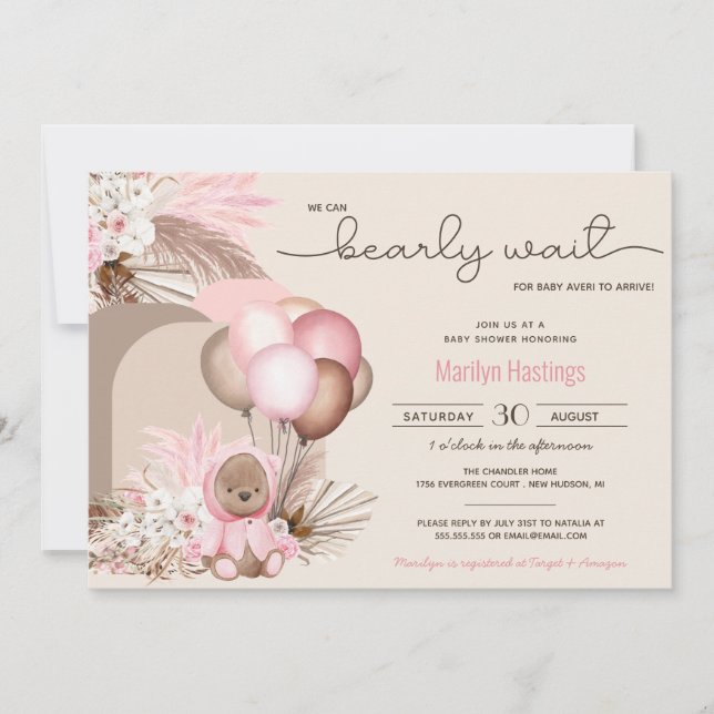 Invitation Boho Teddy Bear & Balloons Bearly Wait Baby shower (Devant)