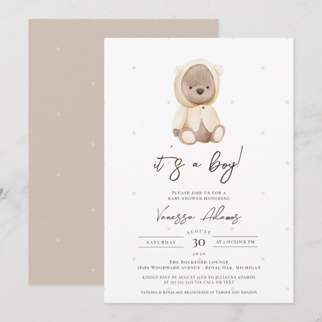 Invitation boho teddy bear bebe wait baby boy shower (Devant / Derrière)