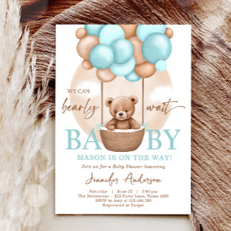 Invitation Boho Teddy Bear Bleu Garçon Bearly Wait Baby showe