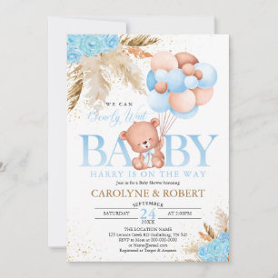 Invitation Boho Teddy Bear Boy Blue Bearly Wait Baby shower