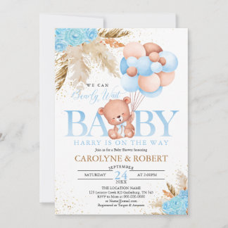 Invitation Boho Teddy Bear Boy Blue Bearly Wait Baby shower