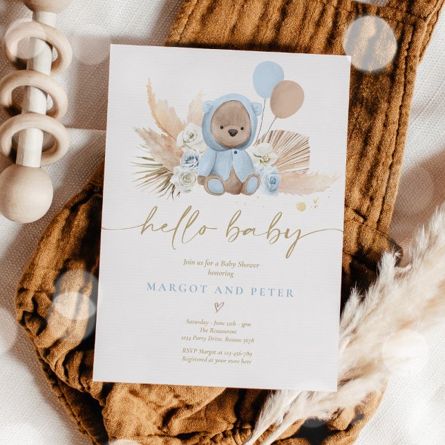 Invitation Boho Teddy Bear Boy Blue Bearly Wait Baby shower (Créateur téléchargé)