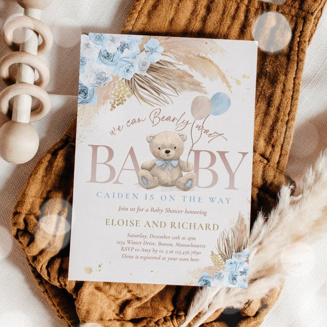 Invitation Boho Teddy Bear Boy Blue Bearly Wait Baby shower (Créateur téléchargé)