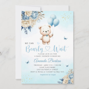 Invitation Boho Teddy Bear Boy Blue Bearly Wait Baby shower