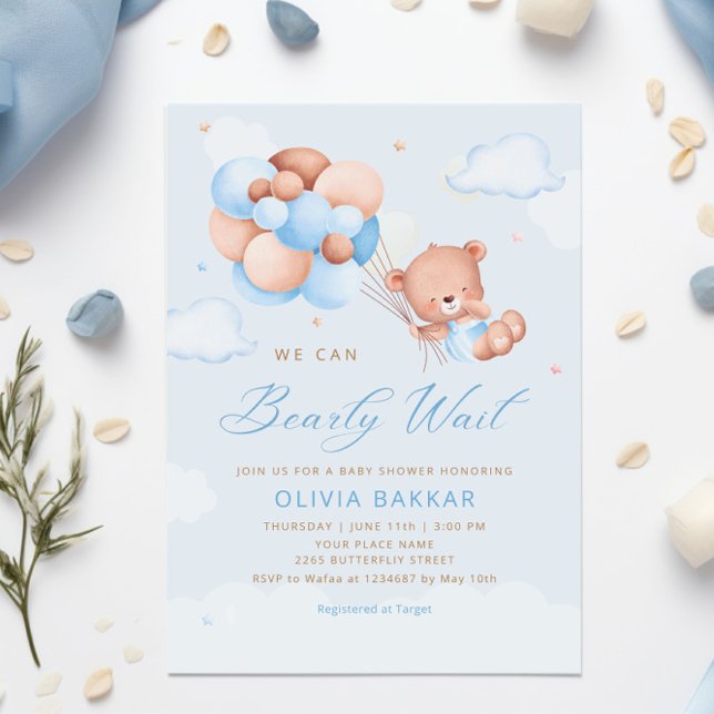 Invitation Boho Teddy Bear Boy Blue Bearly Wait Baby shower I (Créateur téléchargé)