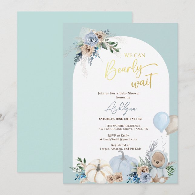Invitation Boho Teddy Bear Citrouille Boy Bearly Baby shower (Devant / Derrière)