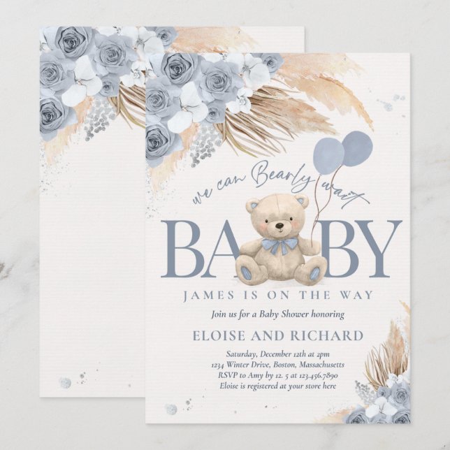 Invitation Boho Teddy Bear Dusty Blue Bearly Wait Baby shower (Devant / Derrière)