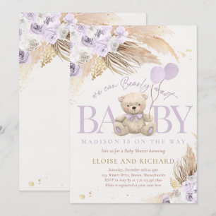 Invitation Boho Teddy Bear Girl Lilac Bearly Wait Baby shower