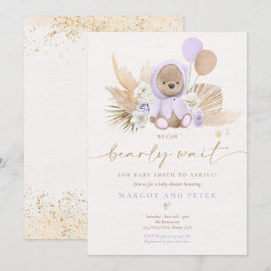 Invitation Boho Teddy Bear Girl Lilac Bearly Wait Baby shower